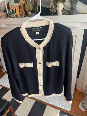Vintage St. John Black Cardigan with Cream Trim and Gold Buttons Size 14